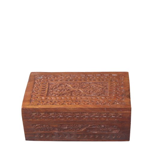 Wooden box with Indian symmetrical carvings for storing jewelry and small parts