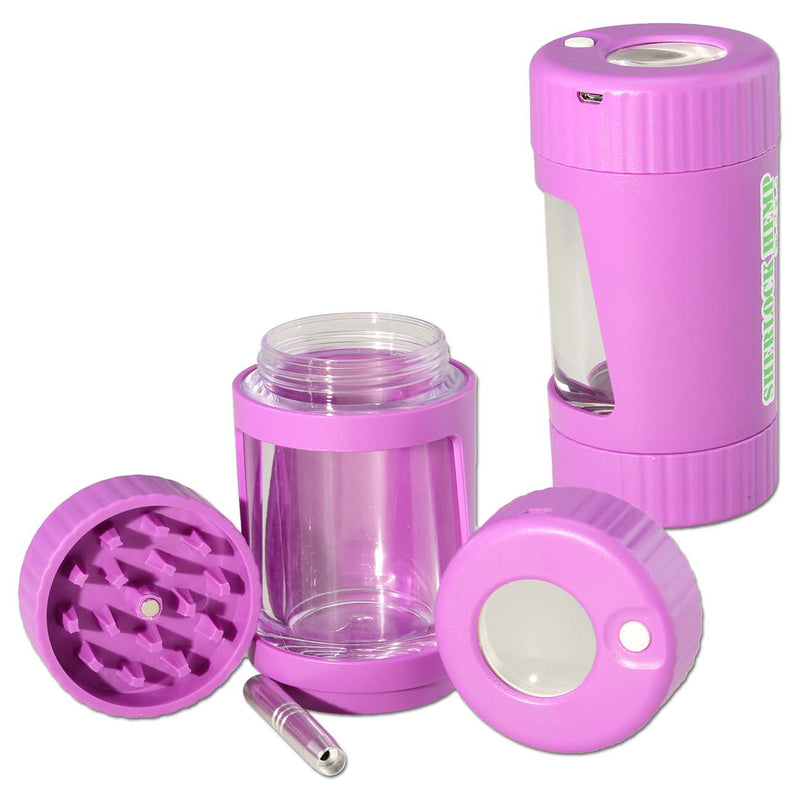 Grinder mit Licht, Akku, Lupe und Aufbewahrungsglas | LED & Mini USB - Violette