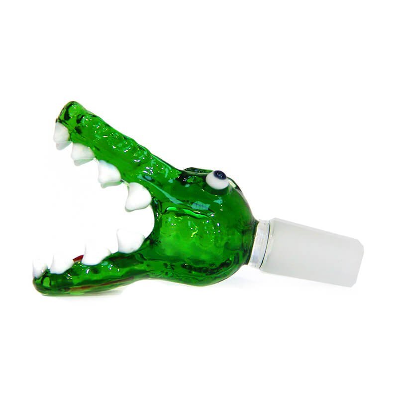 Steckkopf aus Borosilikatglas in 14,5er Schliff, Krokodil grün mit Einlegesiebe