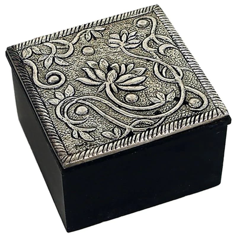 Box klein Silber aus Holz mit Alurelief - Lotus - für Schmuck und Kleinteile