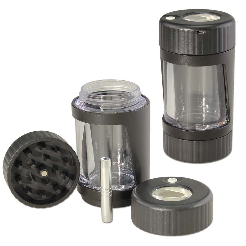 Crusher mit Licht, Akku, Lupe und Aufbewahrungsglas LED & Mini USB - Schwarz