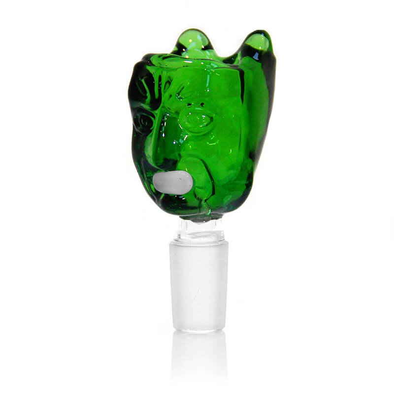 Steckkopf aus Borosilikatglas in 14,5er Schliff, Erschrockenes Gesicht grün mit Einlegesiebe
