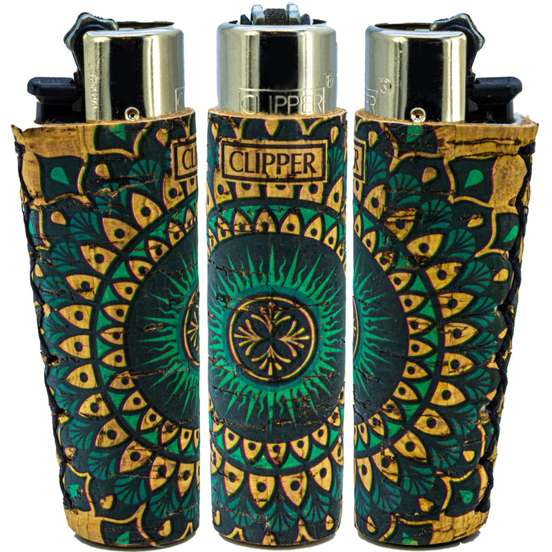 Clipper Feuerzeug - Edition Natural Cork Covers - Serie Mandala - Petrol Leaf