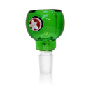 Steckkopf aus Borosilikatglas in 14,5er Schliff, Hero Shield grün mit Einlegesiebe