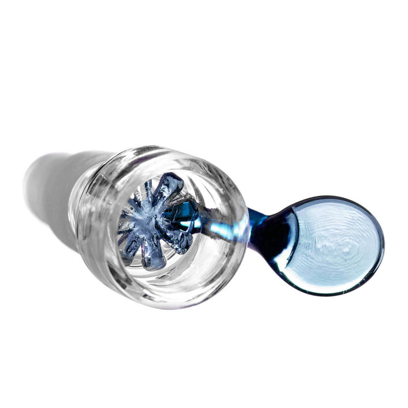 Steckkopf aus Borosilikatglas in 14,5er & 18,8er Schliff, Griff blau mit Glas Sieb