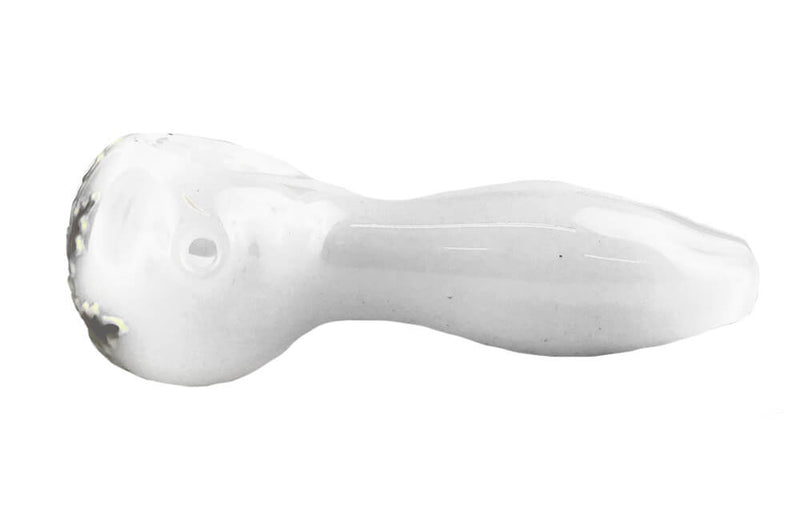 Handpfeife aus Glas in weiß mit leuchtendem Hanfblatt - Länge 100 mm mit Siebe